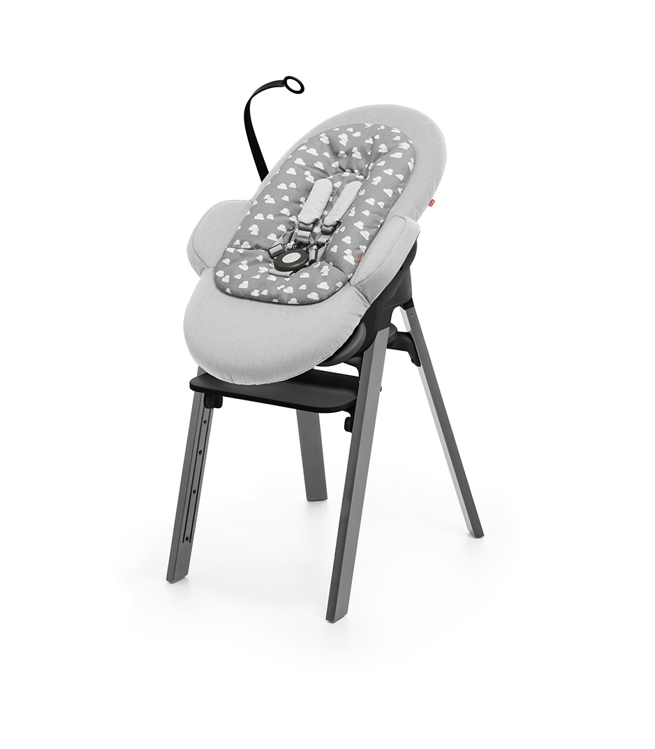 Stokke&reg; Steps&trade; Storm Grey with Black Seat and footrest. Bouncer Grey Clouds.